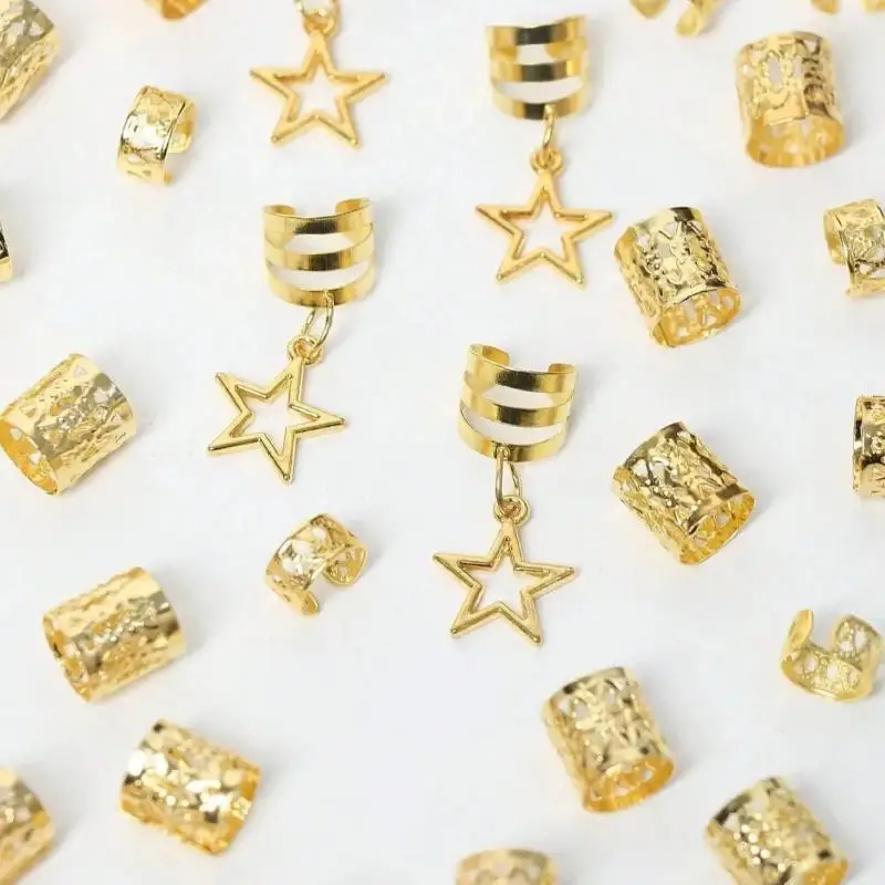 Gold Adjustable Hair Braid Accessories 36/41 PCS Hollow Star Pendants Metal Rings for Photo Shooting Hairstyle DIY