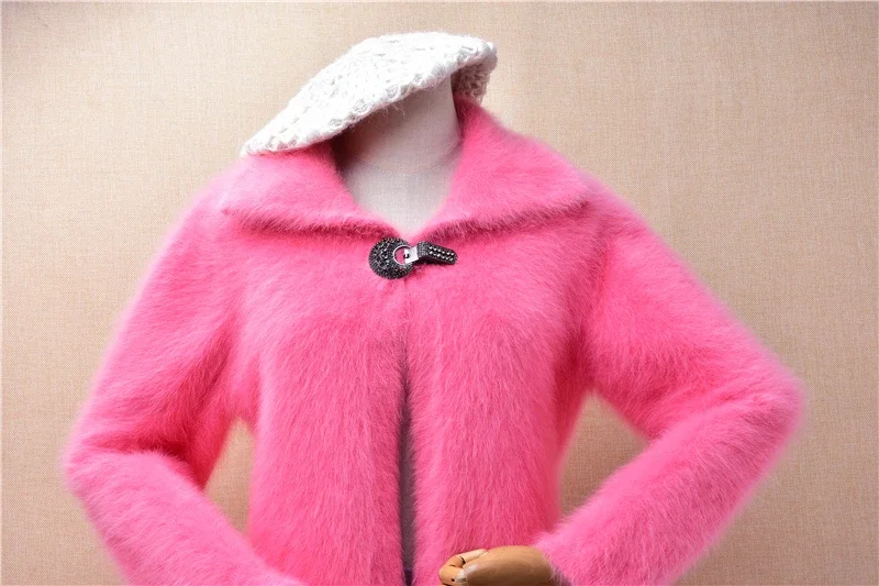 Women Mujer Autumn Winter Sweet Pink Angora Rabbit Hair Knitted Long Sleeves Turn-Down Neck Slim Cardigans Mink Sweater Jacket