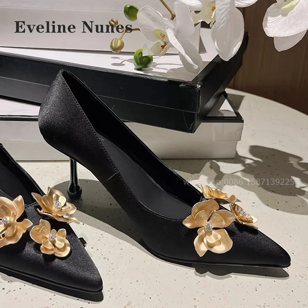 

Gold Flower Satin Black Pumps Pointed Toe Stiletto Cover Heel Solid Women Sandals Patchwork Shallow Glossy Luxury Dress Heels