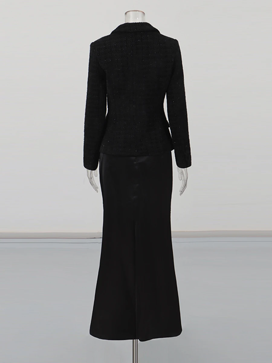 CHICEVER noir épissé poche deux pièces ensemble femme revers à manches longues veste taille haute bureau dame femmes jupe ensembles été nouveau