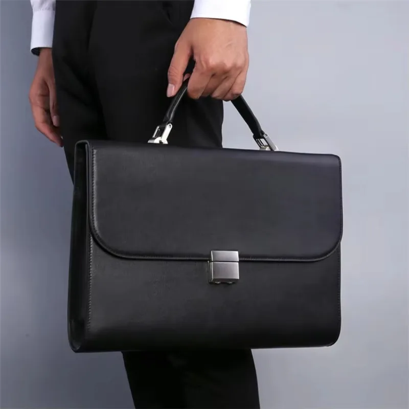 Men's business briefcase quality hard cowhide leather laptop bag handbag lock lawyer office men's bag