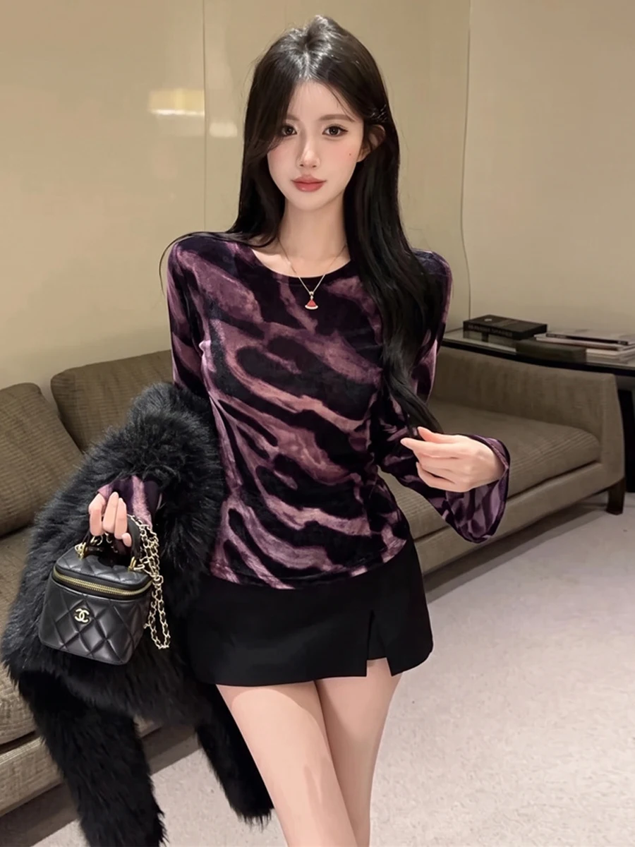 Fashionable Slim Fit Leopard Print Long Sleeve T-Shirt Women's Base Layer Slimming Backless High Waist Top Velvet Material