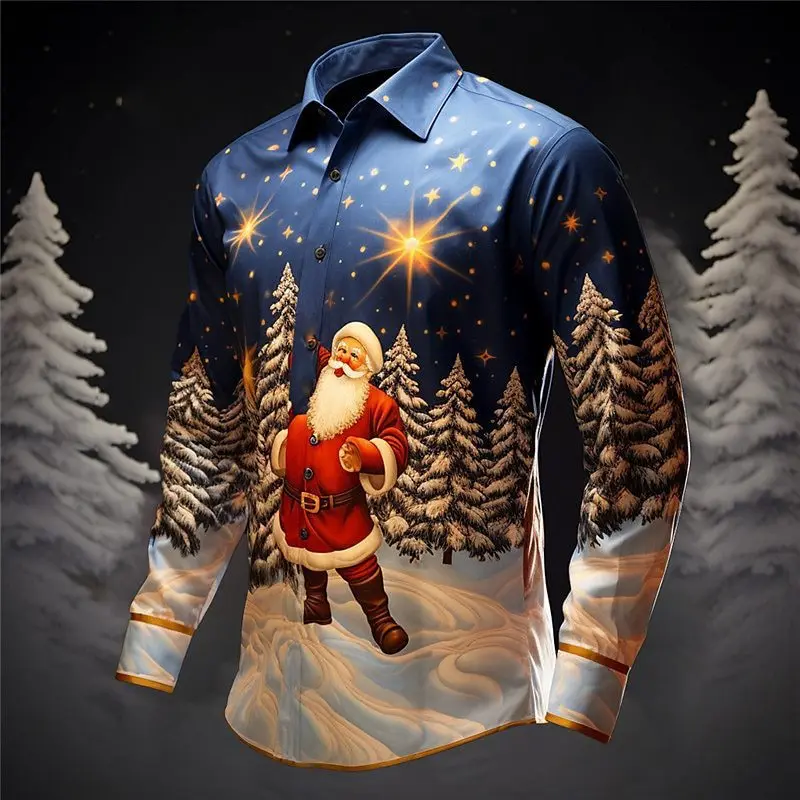 2025 3D printed Christmas design pattern men's lapel button fashionable men's long sleeved comfortable plus size shirt top