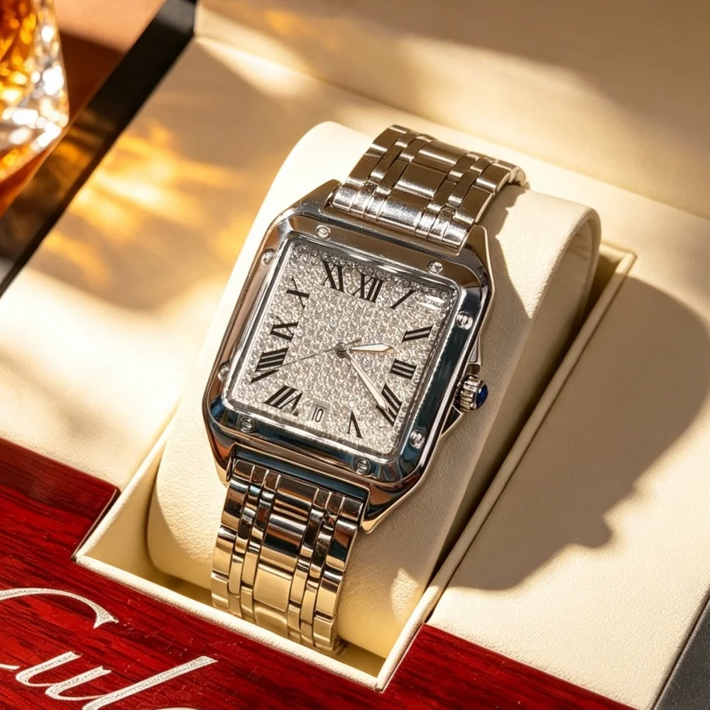 New Model Square Men's Quartz Watch with Diamond Inlay, Roman Numerals, Waterproof, Calendar Display, Light Luxury Business Casual Versatile Trendy Men's Watch, Suitable for Gift Giving