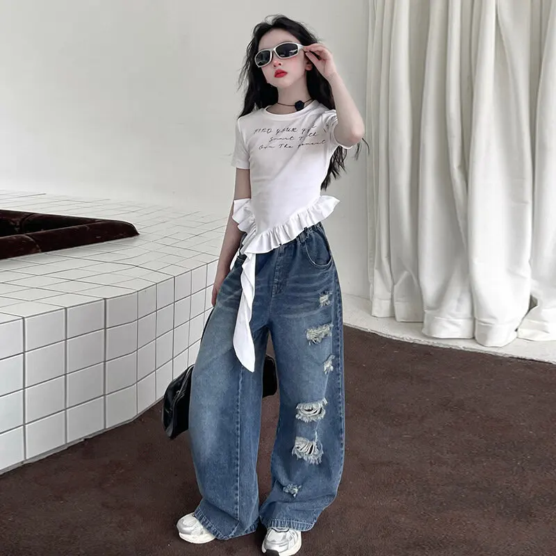 Korean Version Kids Clothes Girls Blue Imitation Denim Suit Summer New Sleeveless Top+Wide Leg Pants Two-piece Set