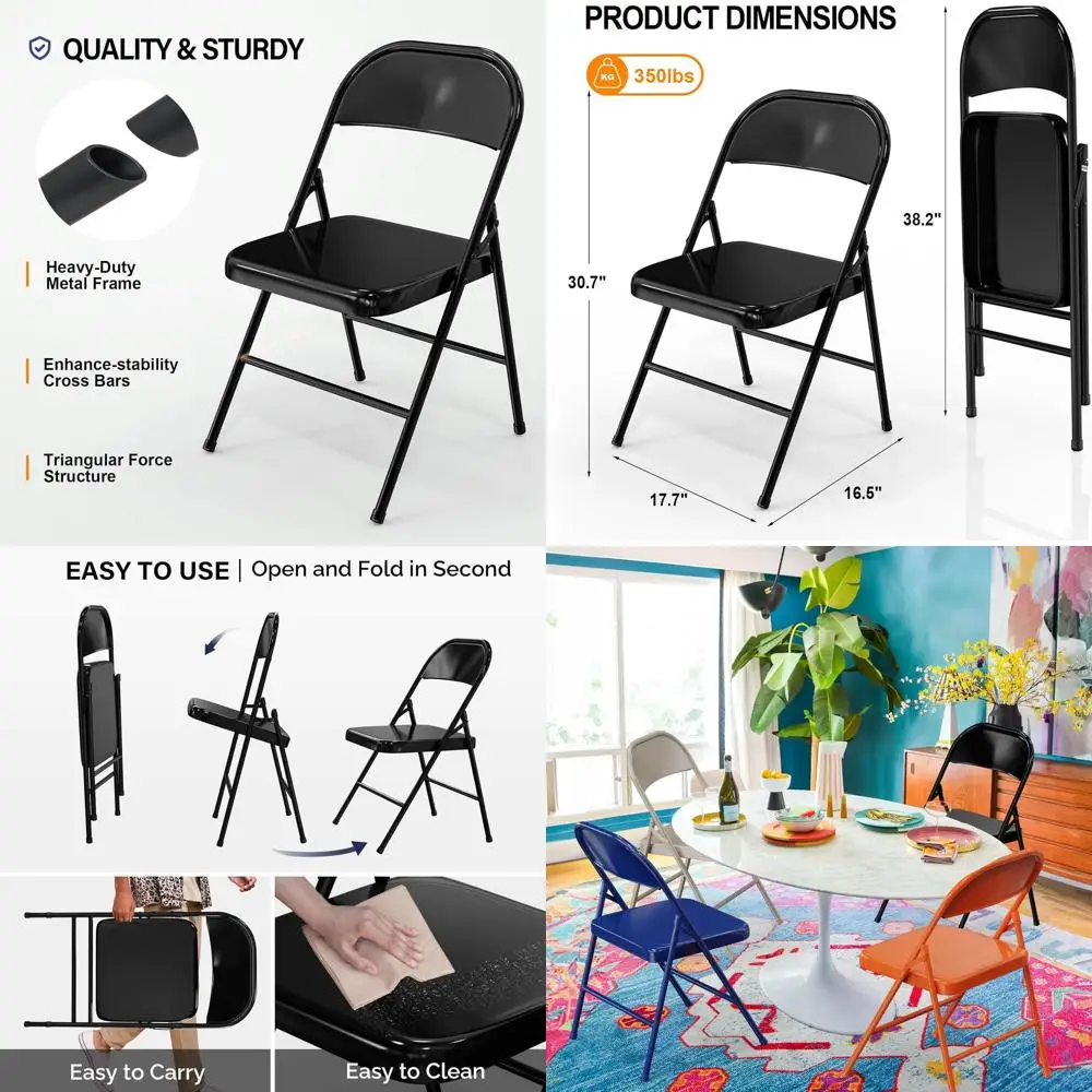 

Durable Steel Folding Chairs, 350 lbs Capacity, Portable for Indoor/Outdoor Use, Black, 4-Pack