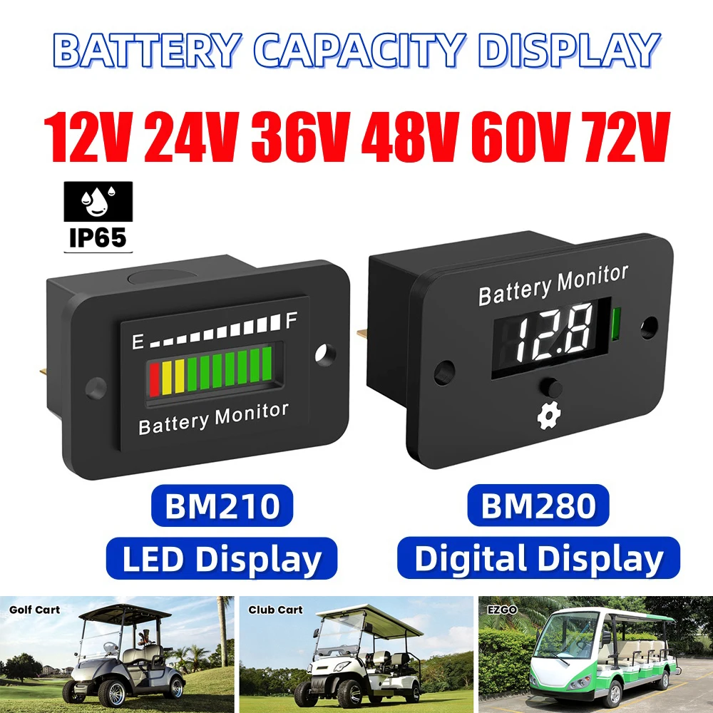 Digital Battery Meter 12V 24V 36V 48V 60V 72V Battery Level Monitor Waterproof LCD Monitor Gauge for Golf Cart RV Boat Car EZGO