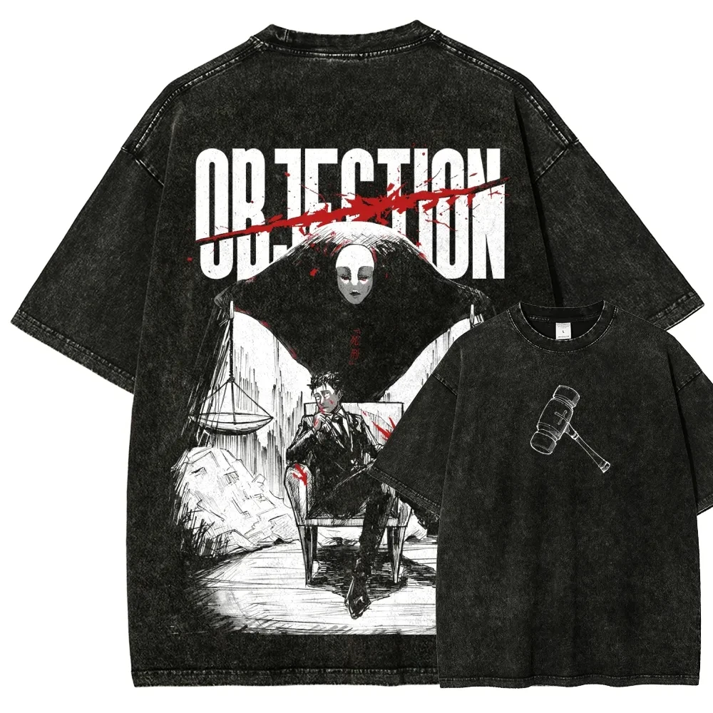 Jujutsu Kaisen Higuruma T-Shirt Objection Judgeman Vintage Acid Wash Übergroßes Anime-Grafik-T-Shirt Streetwear