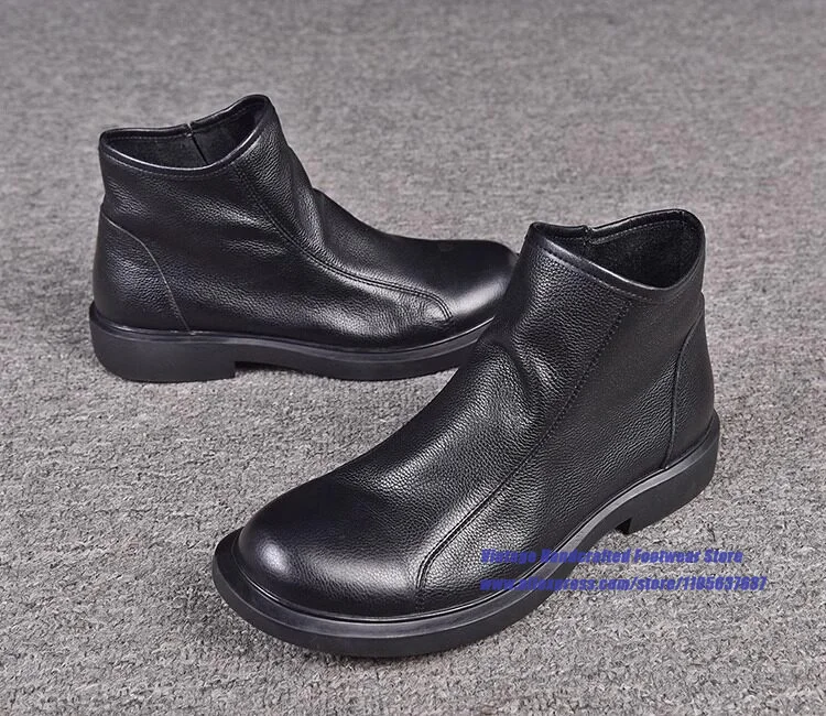 Black Leather Side Zipper Men's Boots Thick-Soled Casual Shoes Soft Leather Soft Sole Booties Vintage Handcrafted Men's Shoes