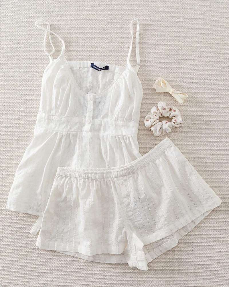 

Lace Trim White Tank Shorts Set Suit Women Linen Cotton Sleeveless Crop Top+Elastic Waist Short Pant Sweet Home 2 Piece Sets New