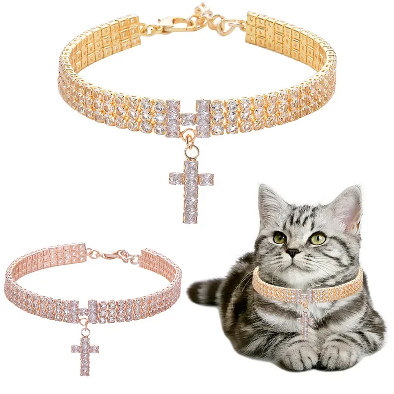 Pet Cat Collar Crystal Cross Pendant Rhinestone Charm Princess Cats Necklace Adjustable Decoration Pets Accessories For Puppy