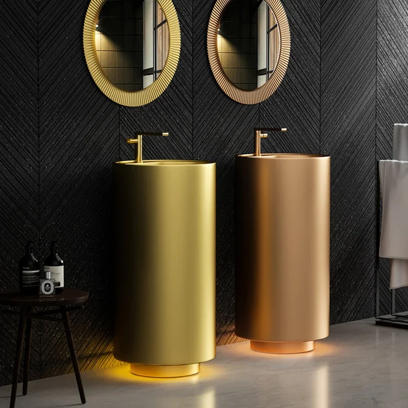 Golden stainless steel column basin integrated floor-to-ceiling hotel homestay courtyard bathroom wash basin KTV wash basin