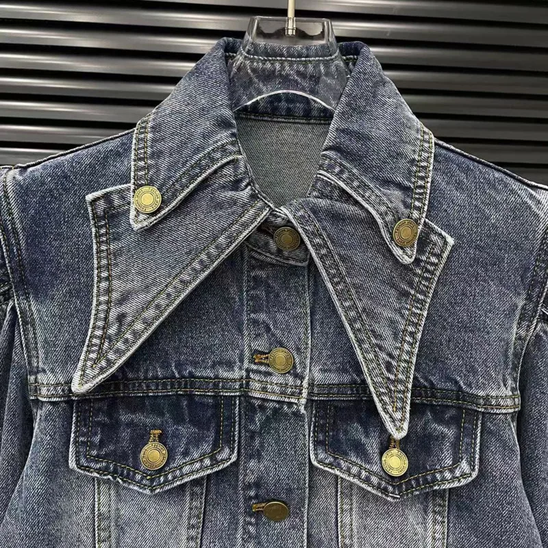ANJY Autumn New Women Short Denim Jacket Hollow Out Long Sleeve Turn-down Collar Single Breasted High Street Stylish Coat A10362