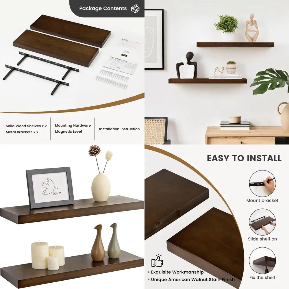 

Rustic 8 Deep Pine Floating Shelves - 24 Wide Set of 2 for Home Storage in Walnut