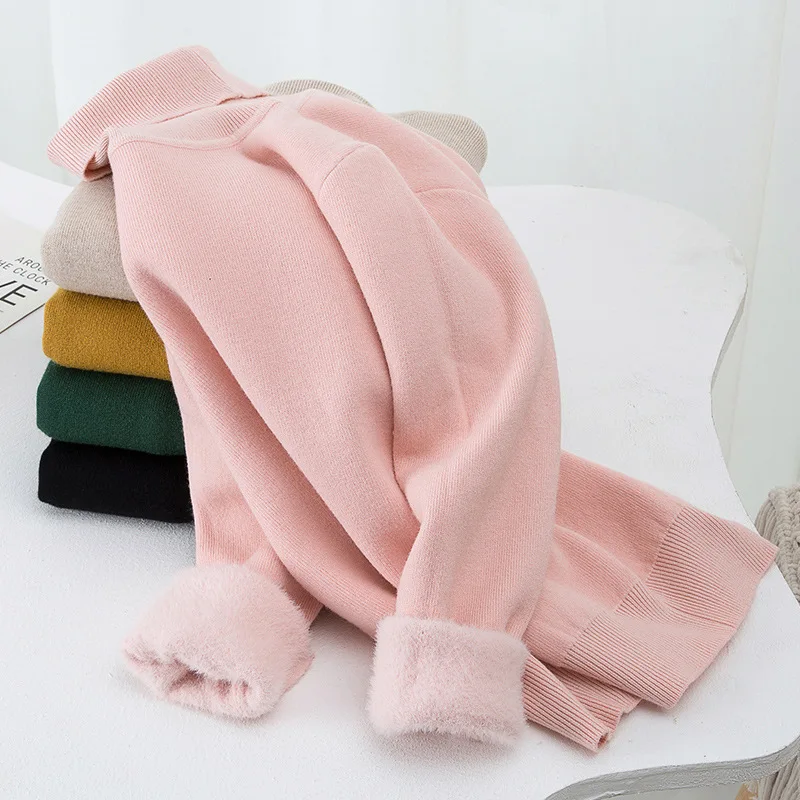 

Sweater for Girls Knitted Tops Winter New Turtleneck Thick Fleece Warm Boys Pullover 2-12 Years Casual Teenage Children Clothes