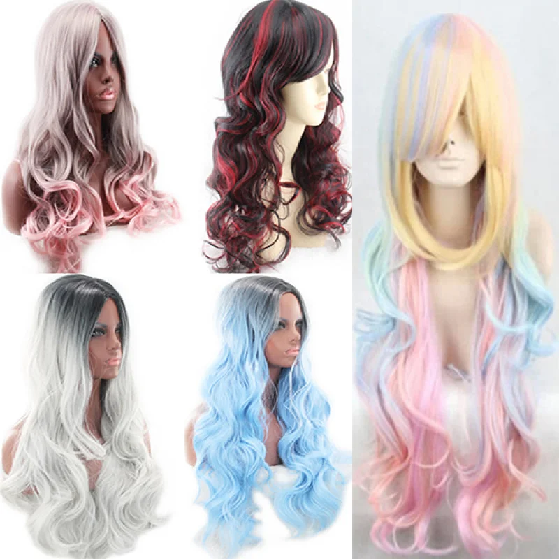 

Lady 80cm Long Curly Fashion Cosplay Costume Hair Anime Full Gradient Wigs