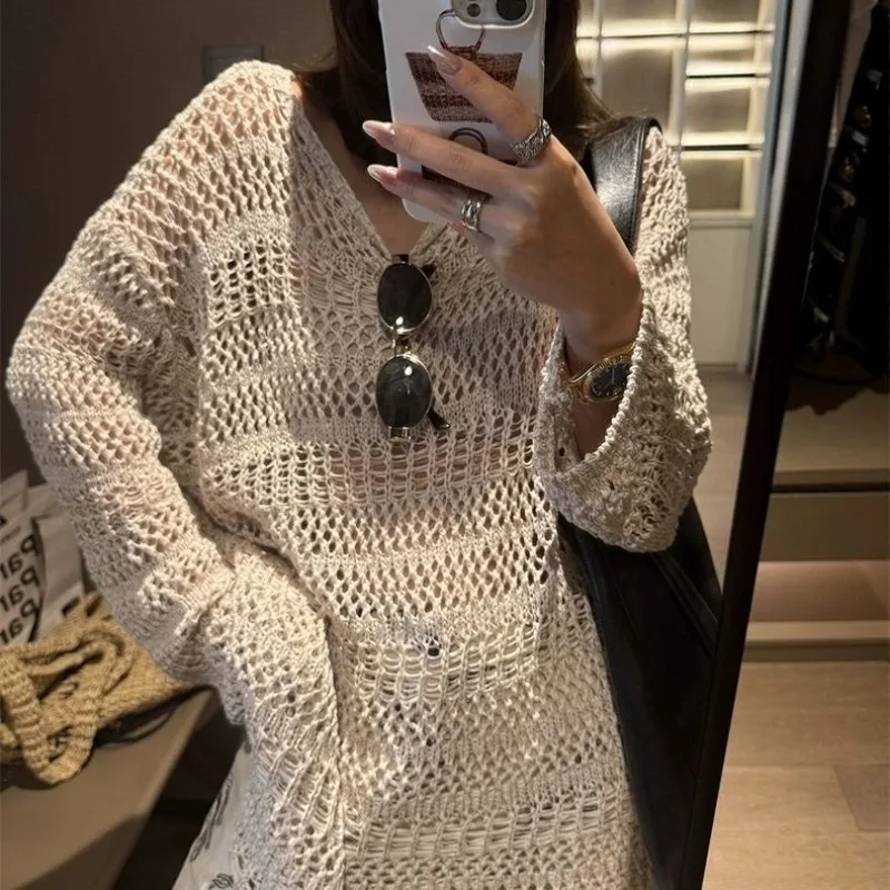 

Вязаный полый повседневный женский топ, новинка лета 2025 года, тонкий свободный топ с длинными рукавами в ленивом стиле, солнцезащитный топ, женская одежда