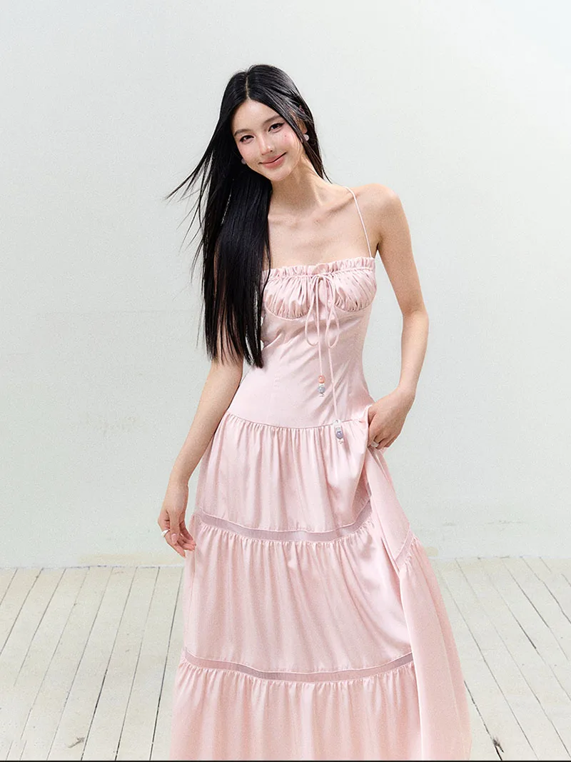 REDDACHiC โรแมนติกสีชมพูซาตินผู้หญิง Cami ชุดโบว์ครอสโอเวอร์กลับปิดไหล่ Hollow Out Maxi ยาวชุดราตรีอย่างเป็นทางการ