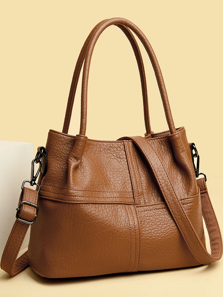 

Quali Ladies Leather Tote Bag Soft Leather Commuter Bag Patchwork Large Capaci Casual Crossbody Bag Simple Sle