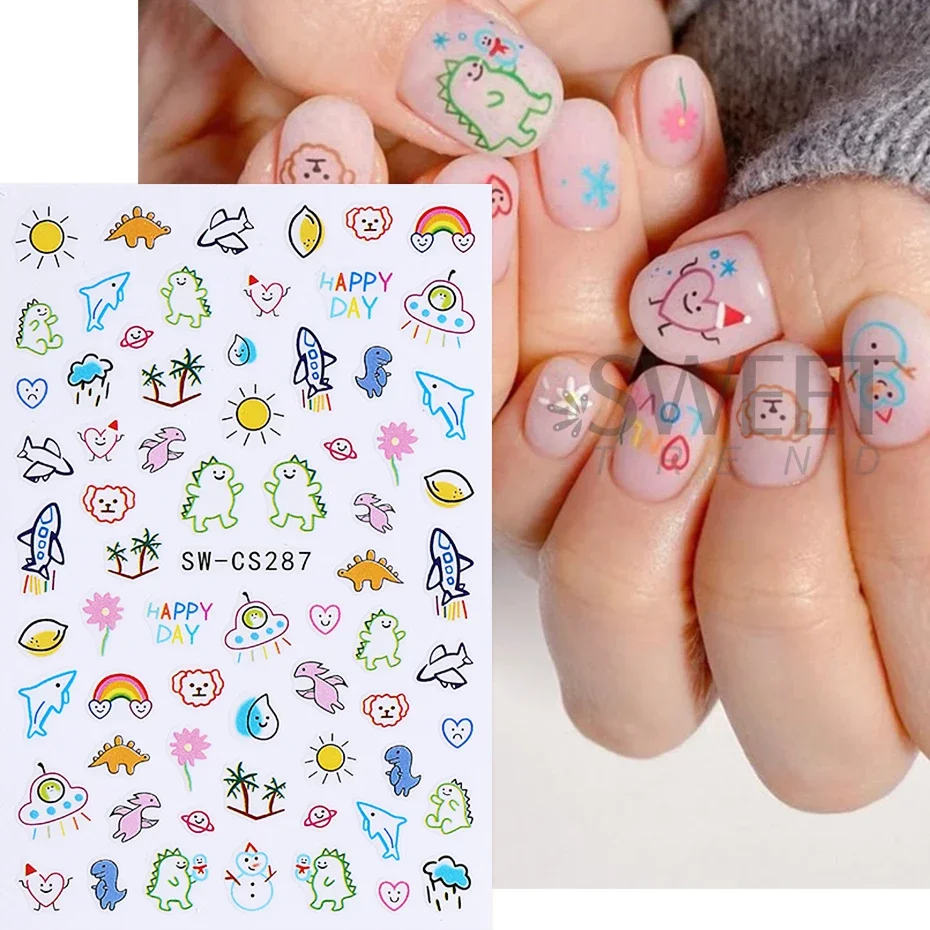 2 pezzi adesivi per nail art dinosauro cartone animato 3D graffiti simpatico dinosauro cane fiore amore design decalcomanie per unghie cursori decorazione manicure fai da te