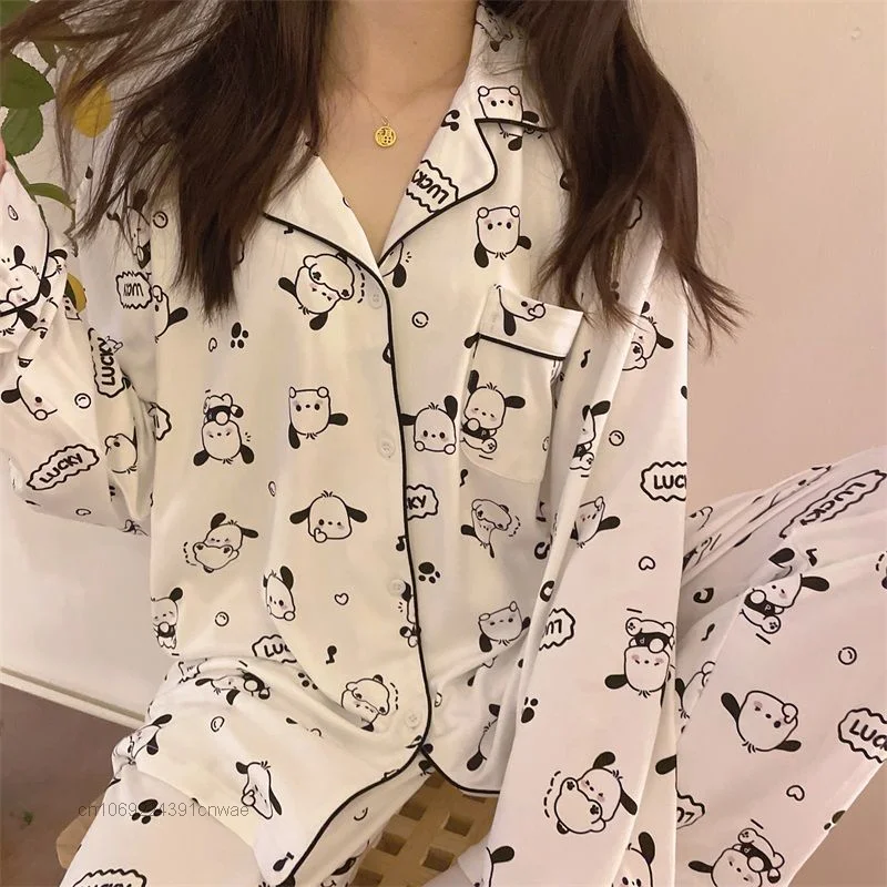 Sanrio Kuromi benim melodi pijama Y2k bahar sonbahar Kawaii Cinnamoroll Pom Pom Purin karikatür uzun kollu ev giysileri takım kadınlar