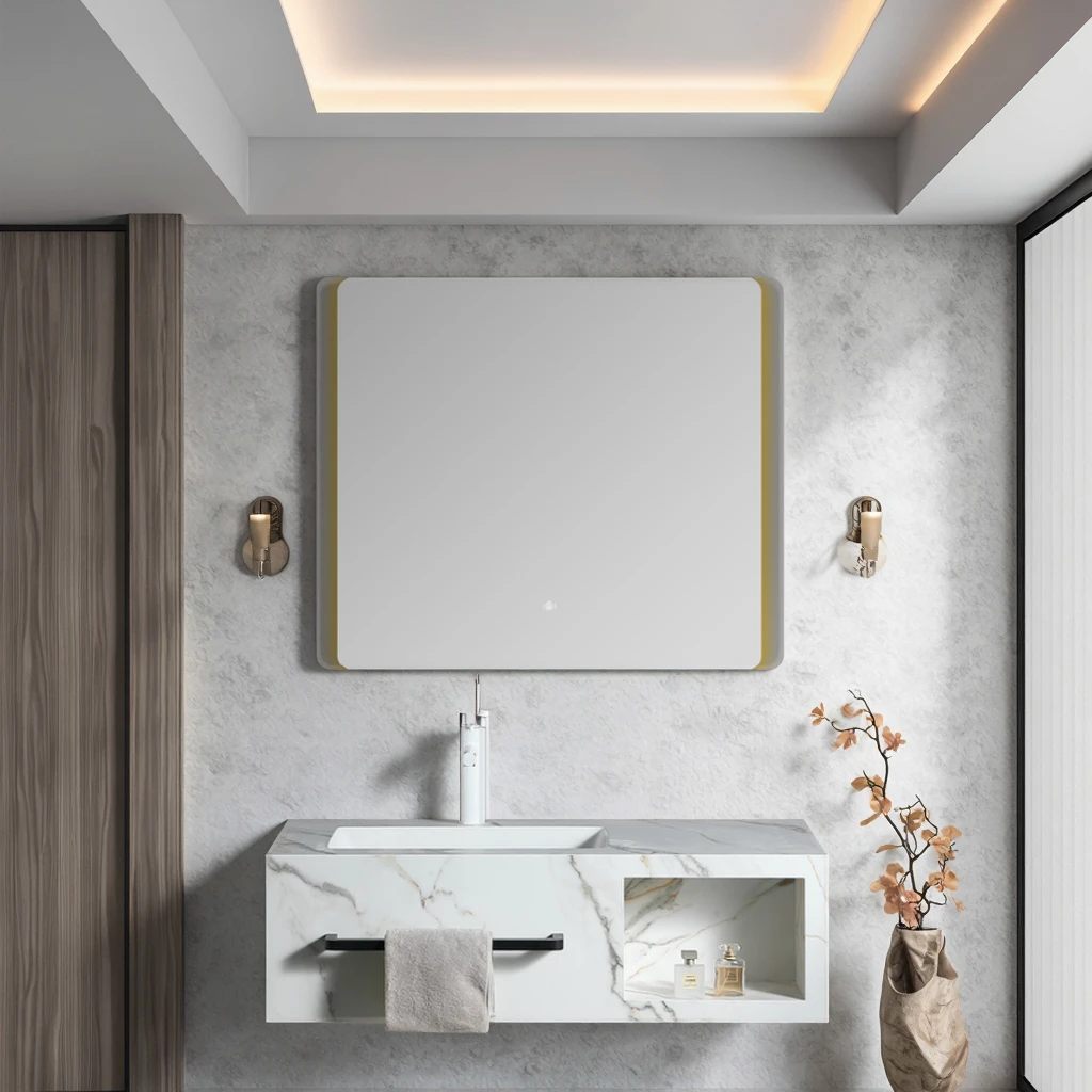 Modern Style Smart LED Bath Mirror Water Resistant Sintered Stone Ceramic Bathroom Vanity Wall-Mounted Design 3-Year Warranty