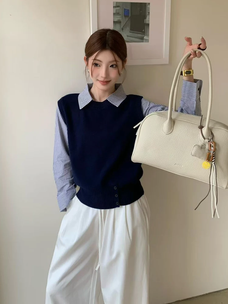 

Ранняя осень 2025 г., женский повседневный полосатый воротник-стойка, искусственный двухсекционный вязаный топ для похудения, дизайн для отдыха