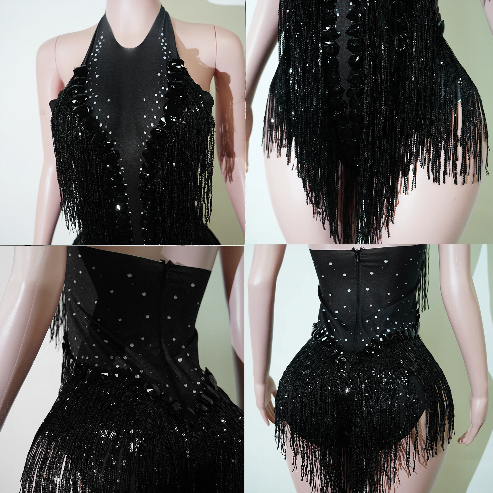 Elegant Sparkly Black Rhinestones Latin Backless Bodysuit Dance Singer Fringes Celebrate Evening Birthday Party Nightclub Stage view 5