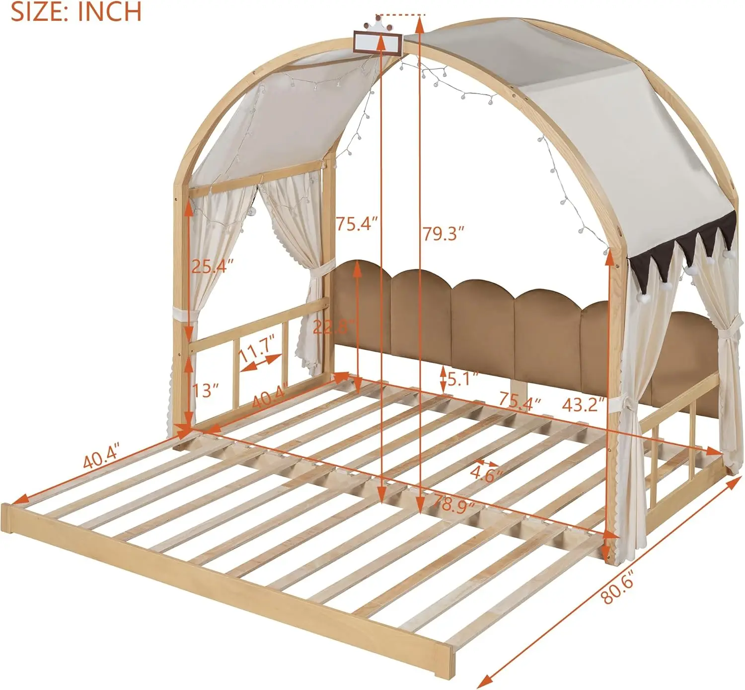 Floor Bed with Light and Curtain Twin to 2 Twin, Wood House Montessori Bed Frame with Arched Roof and Trundle, Extending Kids