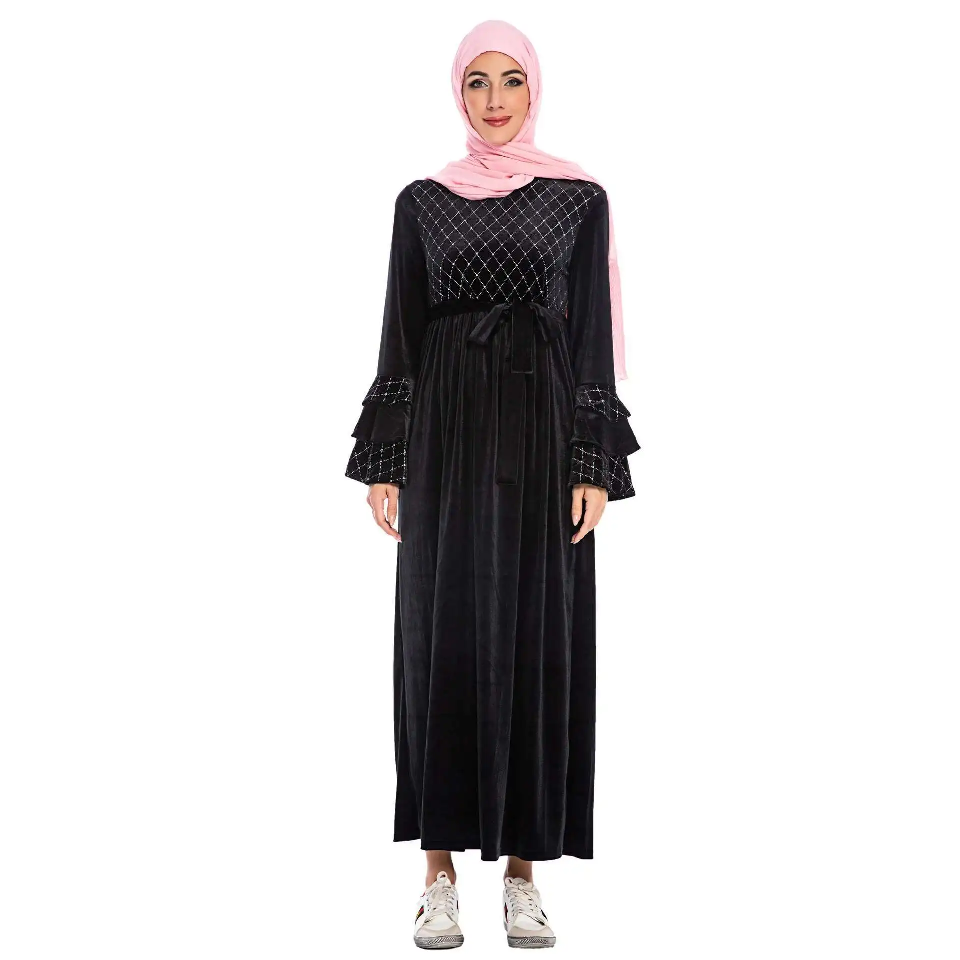 

Fashion Large Women's Bronzed Horn Sleeve Thickened Golden Velvet Leisure Dress 6221 Abaya Ramadan Dubai Luxury Islam Elegant