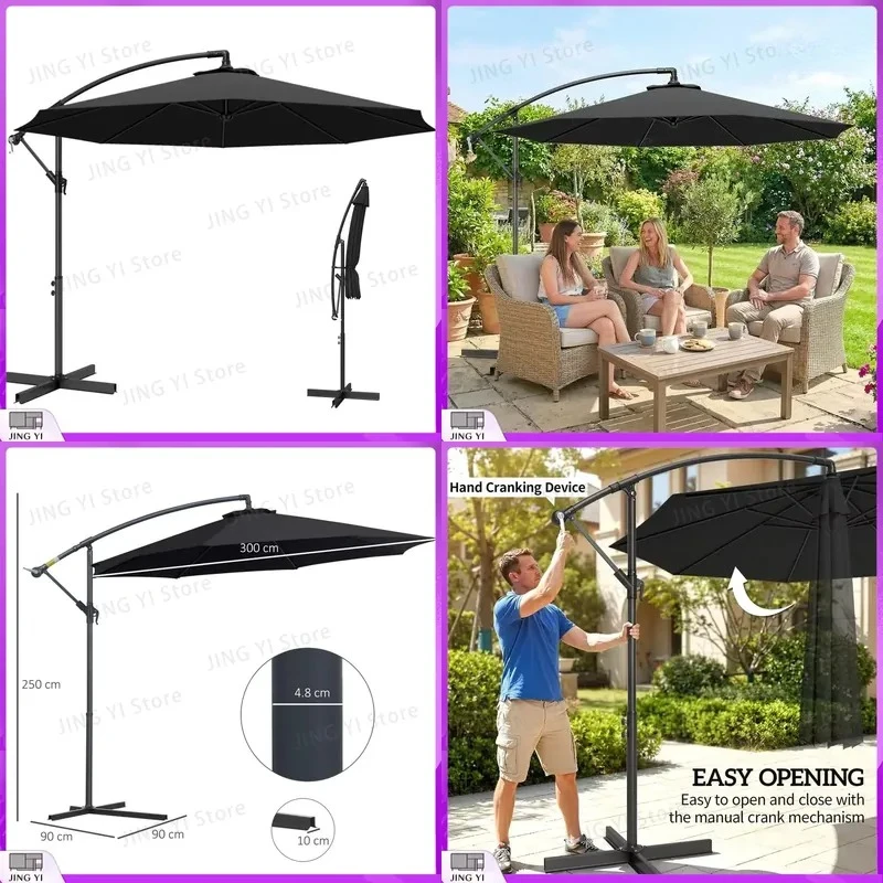 

Cantilever Umbrella with Crank Handle 3m Garden Banana Parasol 8 Ribs Cross Base Outdoor Hanging Sun Shade UV Protection