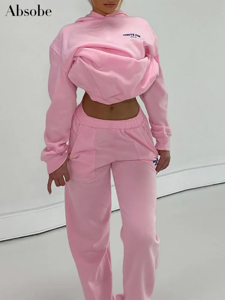 Absobe Hooded Sweatshirt Pants Set Contrast Letter Print Women Pink Long Sleeve Hoodie Trousers Sports Suit Autumn Streetwear