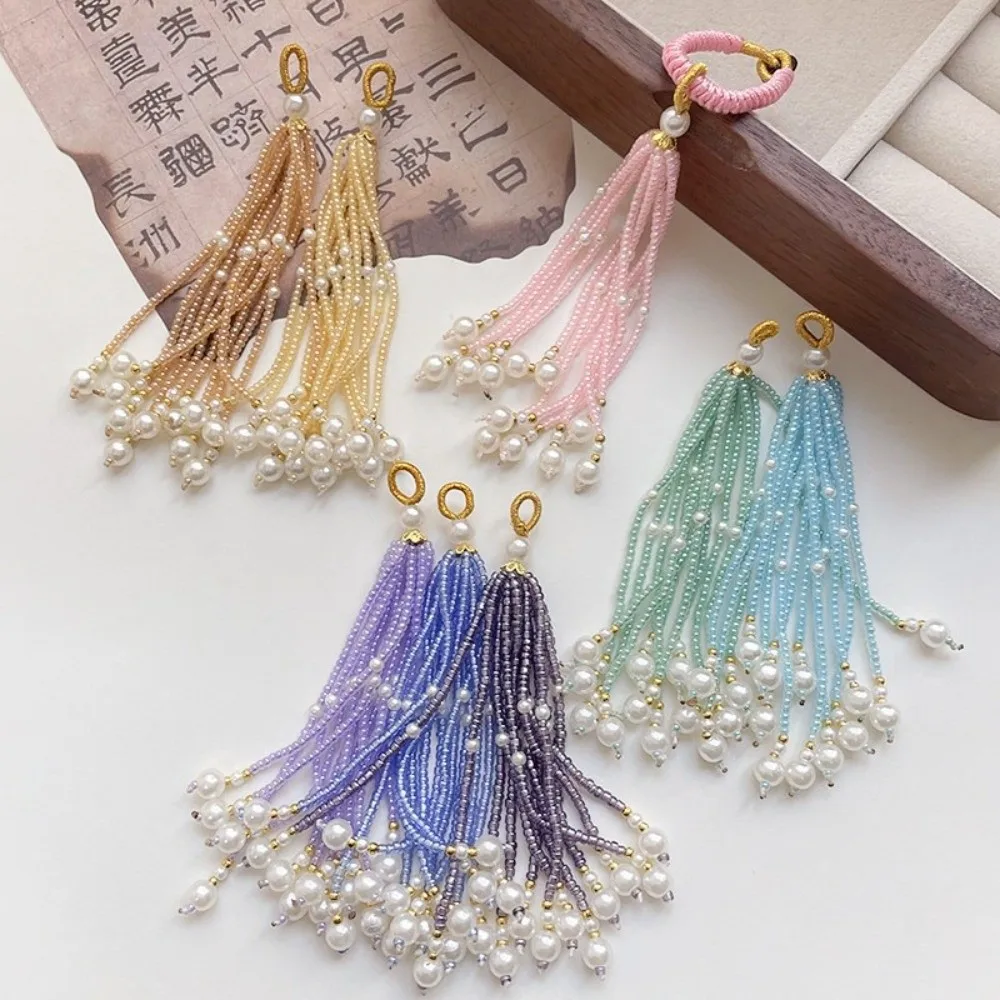 2pcs Ancient-style Tassels Beaded Keychain Handmade Bag Hanging Rope Crystal Pendant DIY Jewelry Accessory Multi-color