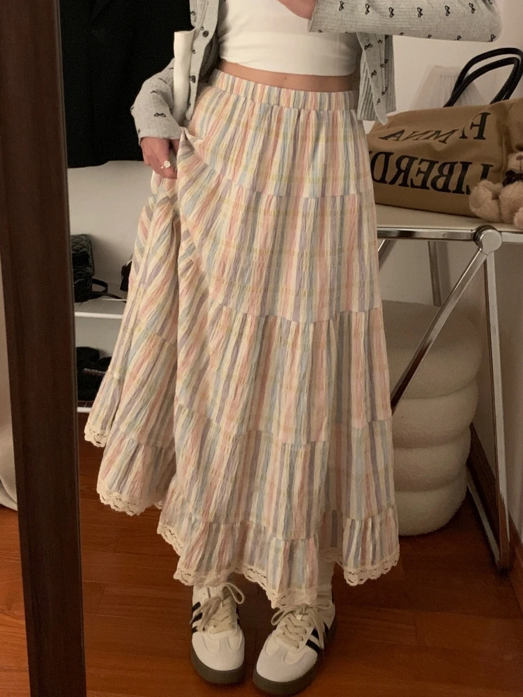 

Midi Long Skirt Women Rainbow Skirt 2024 Goth Lolita Spring Summer High Waisted Crochet Lace Striped Pleated Skirts rok