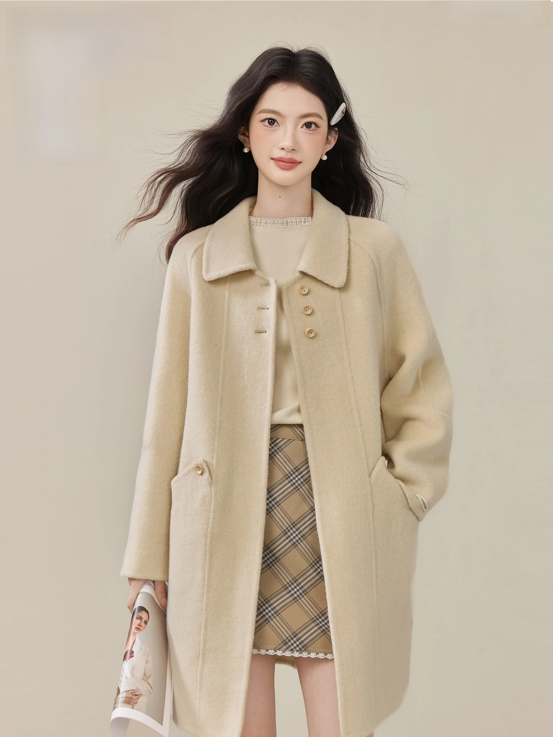 

Lingjiu Bri Mist Double-Faced Woolen Camere Coat Women's Sle 2025 Winter Small Size Hepburn Sle Long Sve Coat