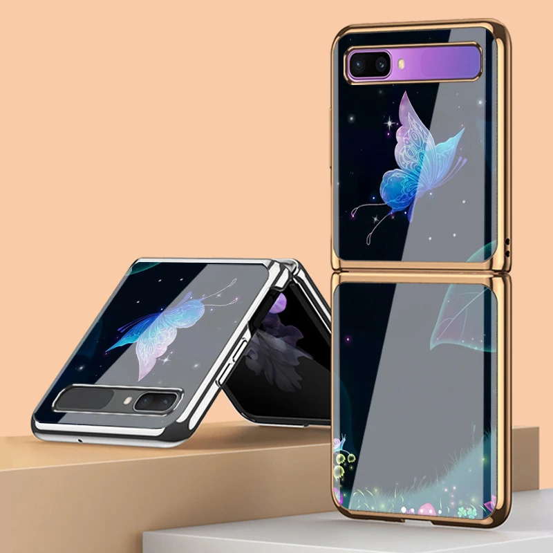 

Z Flip 4 Funda Case for Samsung Galaxy Z Flip 4 3 2 1 Night Butterfly Pattern Plating Tempered Glass Coque Phone Case Cover