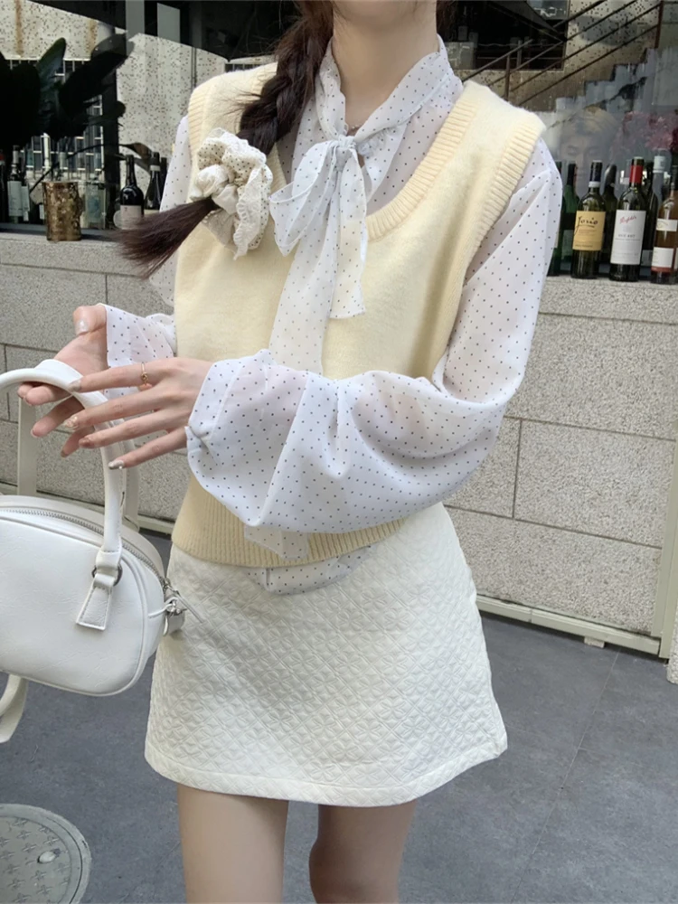 

2024 Spring Autumn 2 Piece Sleeveless Sweater Vest Women Blouse Female Girls Blouse Suits Robe Femme Vestido Sell Separately