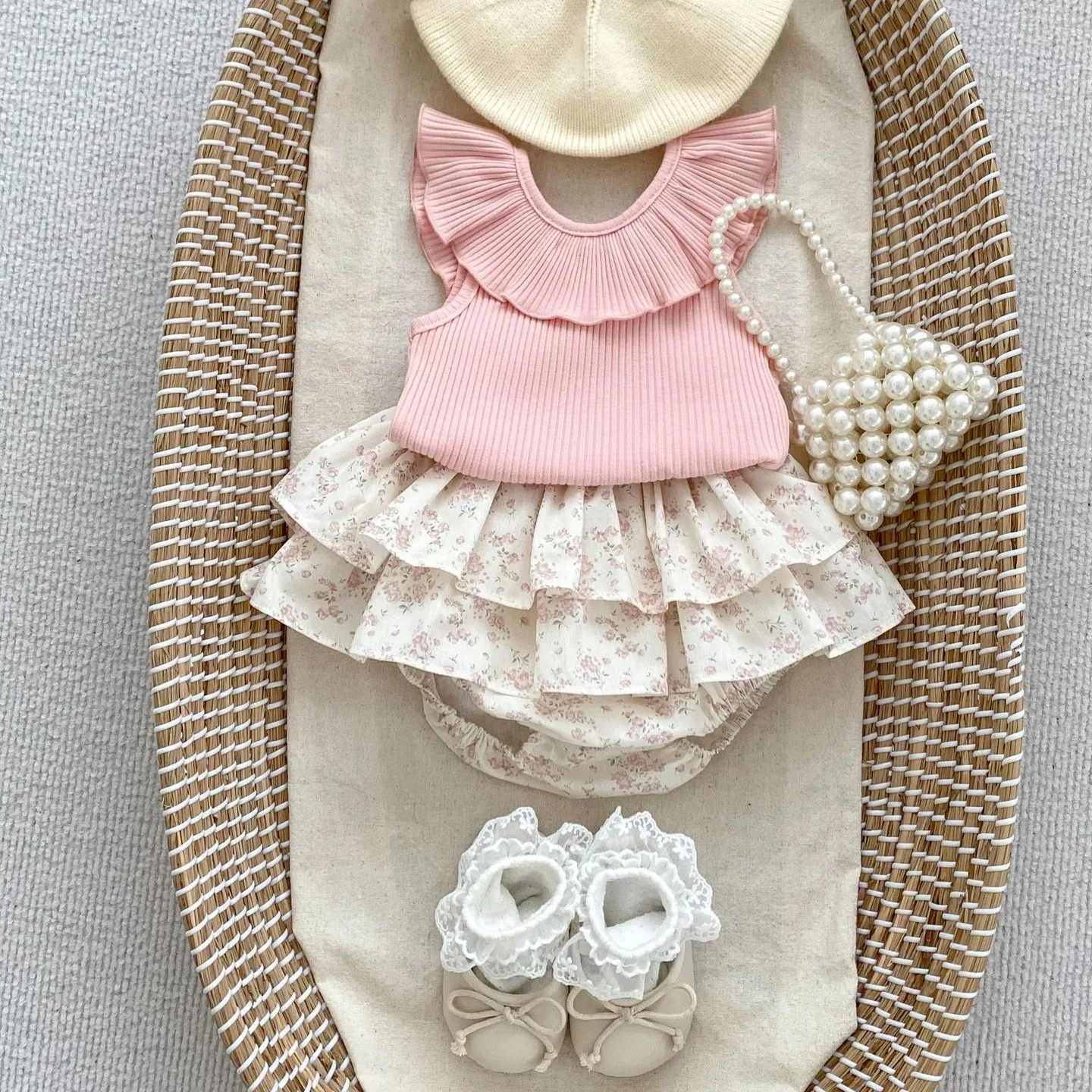 ins new girl baby solid color thin lotus leaf edge sleeveless T-shirt top princess floral cake skirt pants set