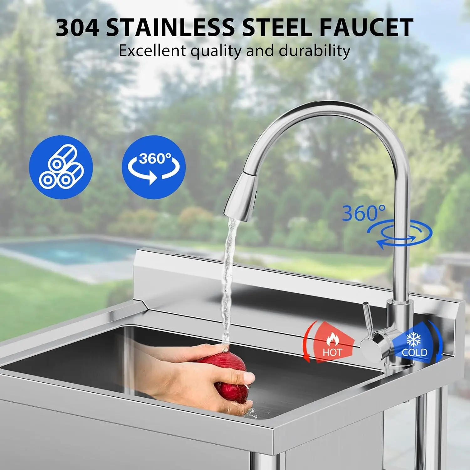 Stainless Steel Single-Bowl Utility Sink, NSF Certified Commercial Restaurant Kitchen Sink Set with Pull-Out Faucet & Hot/Cold Water Supply Lines for Kitchen, Bathroom, Garage