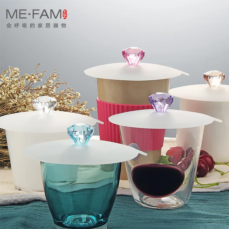 ME.FAM Fashion Colorful Acrylic Diamond Handle Silicone Mug Cover 11cm Seal Anti-dust Cup Lid For Glass Ceramic Plastic Cups Cap