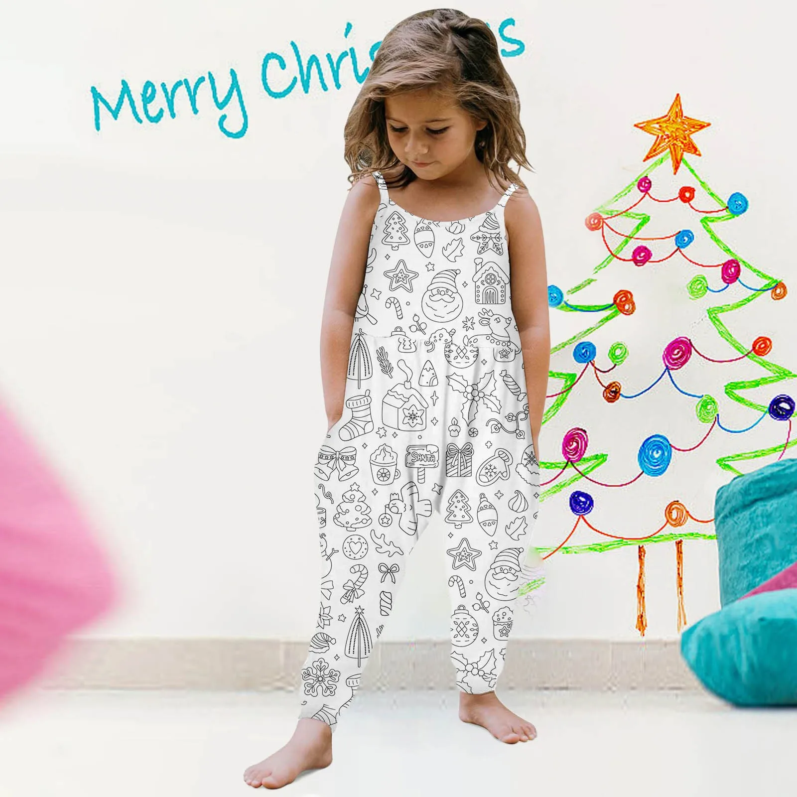 Christmas DIY Jumpsuit Kids Sketch Colorful Romper Harem Pants Kid Art Color Your Own Handicraft Toys DIY Crafts For Baby Girls