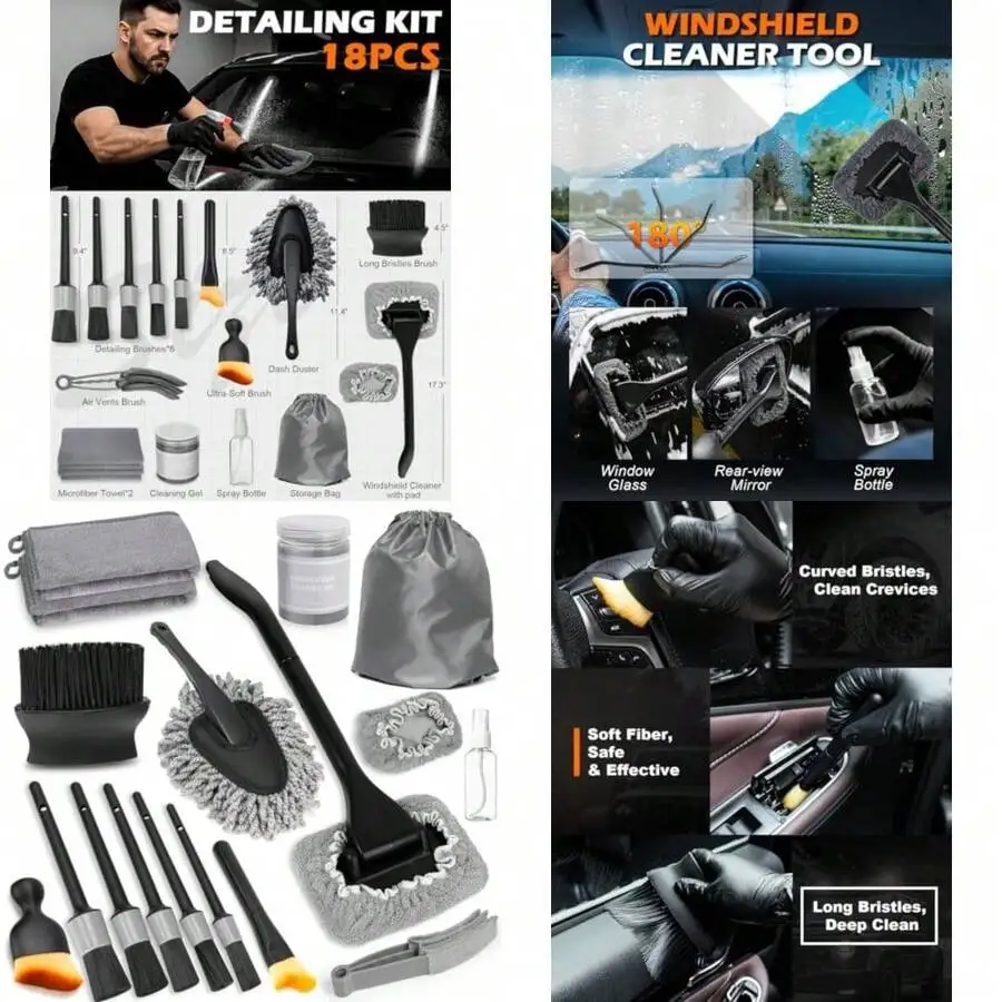 

18Pcs Car Interior Detailing Brush Set With Microfiber Pads Windshield Cleaner Tool For Adults