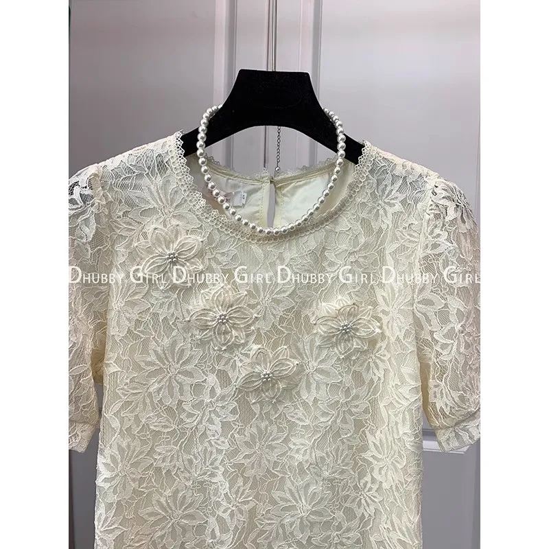 Casual White Floral Lace Chic Design Puffy Sleeve Short Sleeve T-Shirts Girls Tshirts Short Folds Tops For Women