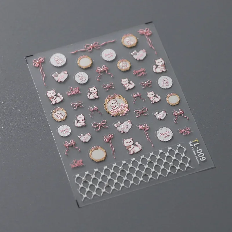 5D 진주 만화 절묘한 카트 활 네일 아트 스티커, 카와이 일본 핑크 리본 장식, 네일 데칼, DIY 액세서리, 1 개