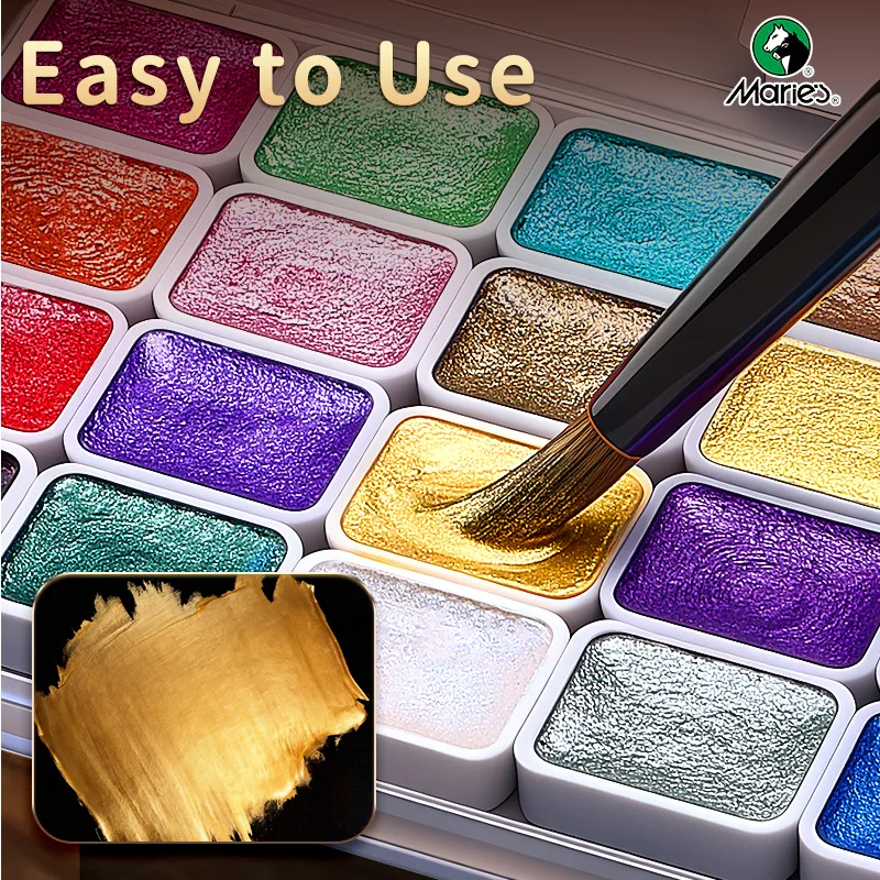 Marie's Mini 12-color Metallic Solid Watercolor Paint Set,Gugong Warm Colors Gold Sparking Shimmer Glitter Pigment for Drawing,C