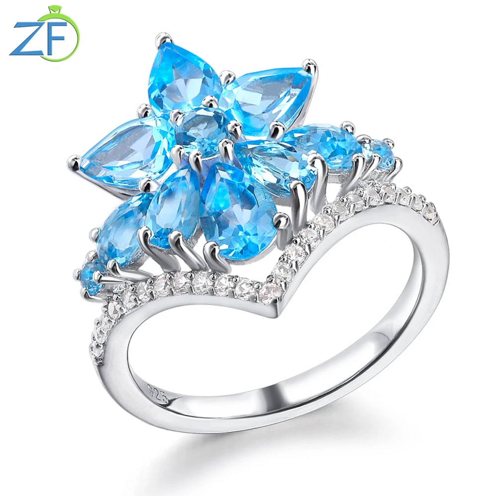 GZ ZONGFA Natural Blue Topaz Gemstone Flower Ring Genuine 925 Sterling Silver for Women  3Carats Rhodium Plated Fine Jewelry