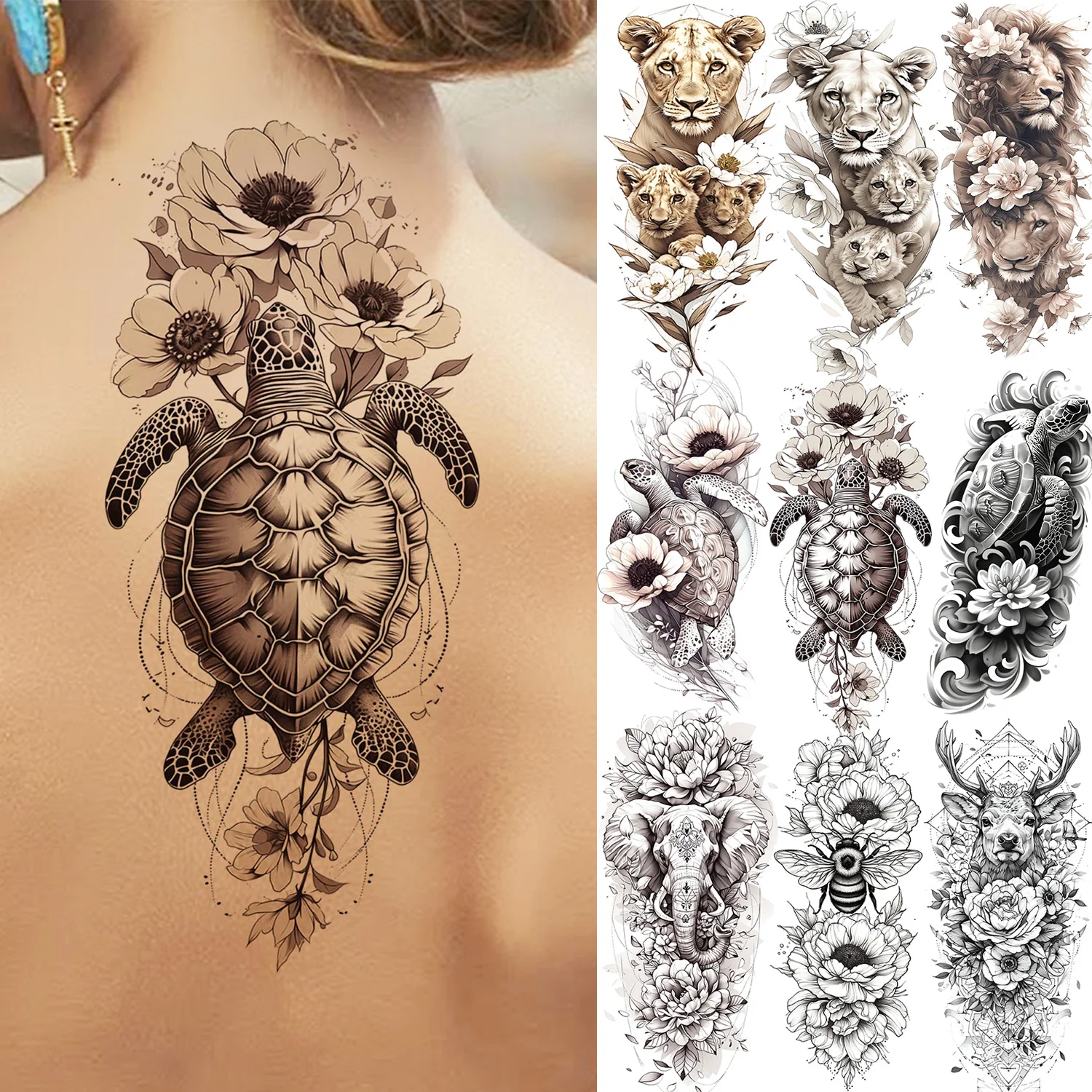 1 Sheet Beautiful Turtle With Flowers Temporary Tattoos Elephant Lion Tatoos Waterproof Realistic Animals Fake Tattoos Stickers