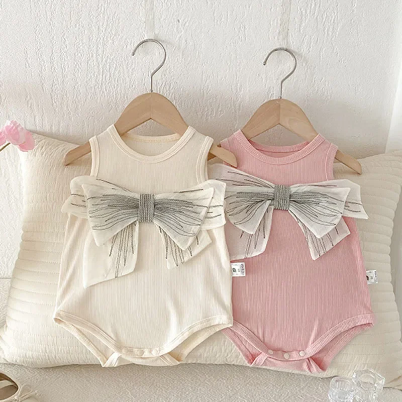 2025 New Summer Newborn Baby Girls Romper Sleeveless Cotton Bow Splicing Korean Style Climbing Suit 0-24M Baby Girls Clothing