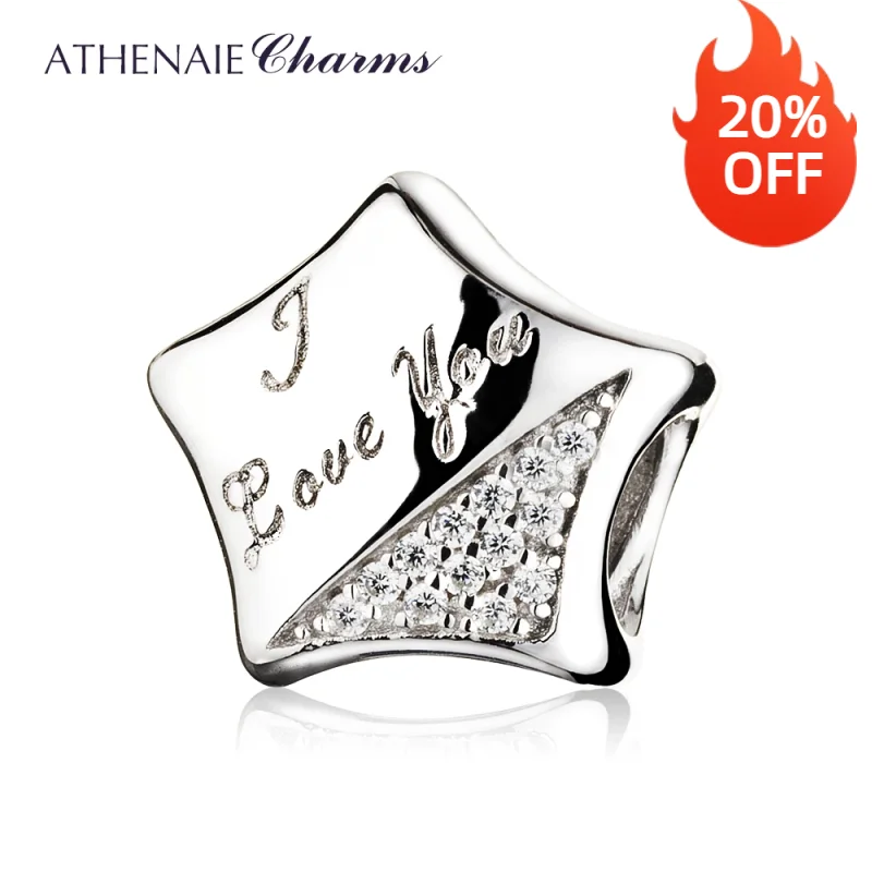 ATHENAIE 925 Sterling Silver Clear CZ I Love You Shining Star Charms Bead Fit Bracelets