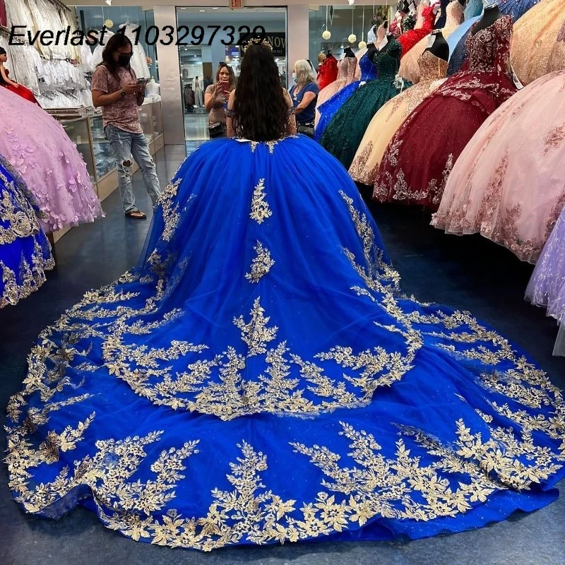 EVLAST Glitter Royal Blue Quinceanera Dress Ball Gown Gold Lace Applique Beading Tiered Sweet 16 Vestidos De 15 Anos TQD742